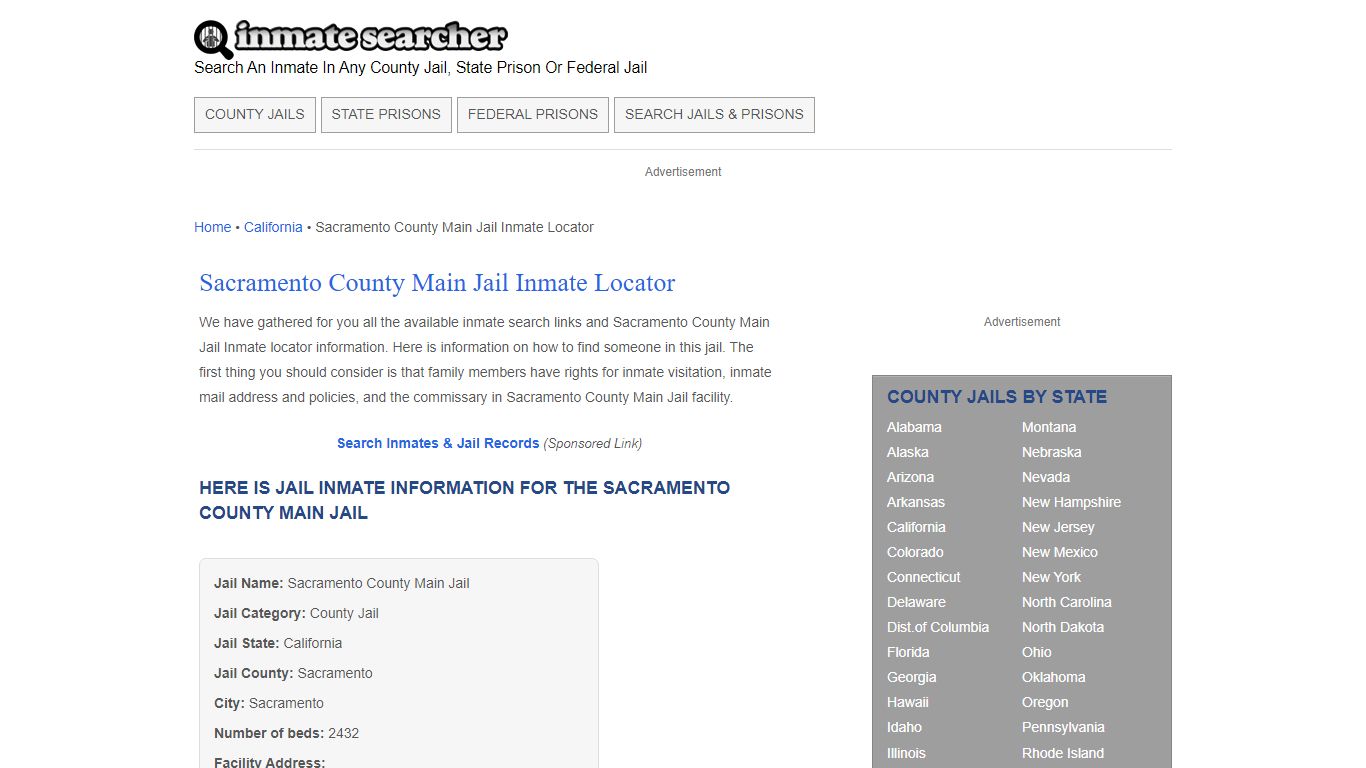 Sacramento County Main Jail Inmate Locator - Inmate Searcher